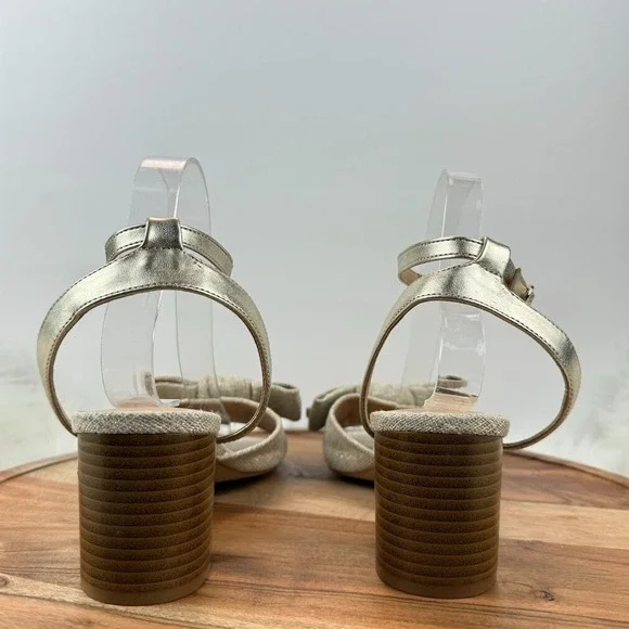 LOFT Beige Woven Bow Block Heel Ankle Strap Sz 9.5M Sandals Gold Shimmer Party - Picture 5 of 12